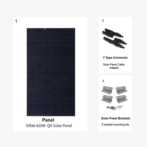 420W Silfab RV solar kit expansion pack, featuring high-performance solar panel, Y type connectors, and Z bracket mounting kits