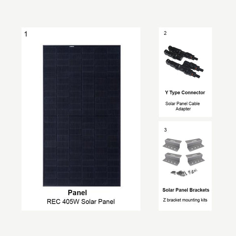 405W RV Solar Kit Expansion Pack including REC 405W Solar Panel, Y Type Connector, and Z Bracket Mounting Kit. Ideal for expanding RV solar systems