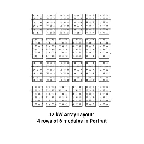 12 kW residential solar panel array layout showing 4 rows of 6 modules installed in portrait orientation