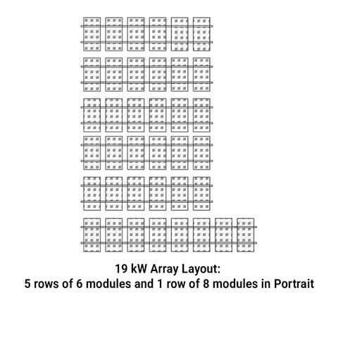 19 kW residential solar panel array layout showing 5 rows of 6 modules and 1 row of 8 modules in portrait orientation