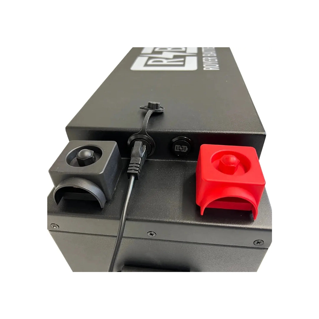 Royer 24V 170Ah lithium battery with Bluetooth connectivity and mobile app interface, side view. 