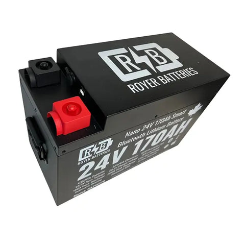 Angled view of Royer 24V 170Ah LiFePO4 battery showing red and black terminals