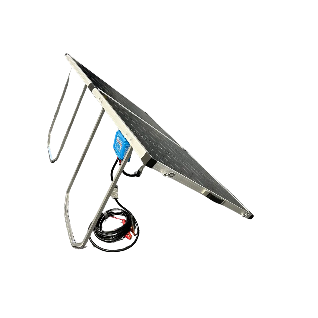 Rear view of Sasquatch 220W folding solar panel kit highlighting the Victron MPPT 75/15 charge controller with Bluetooth