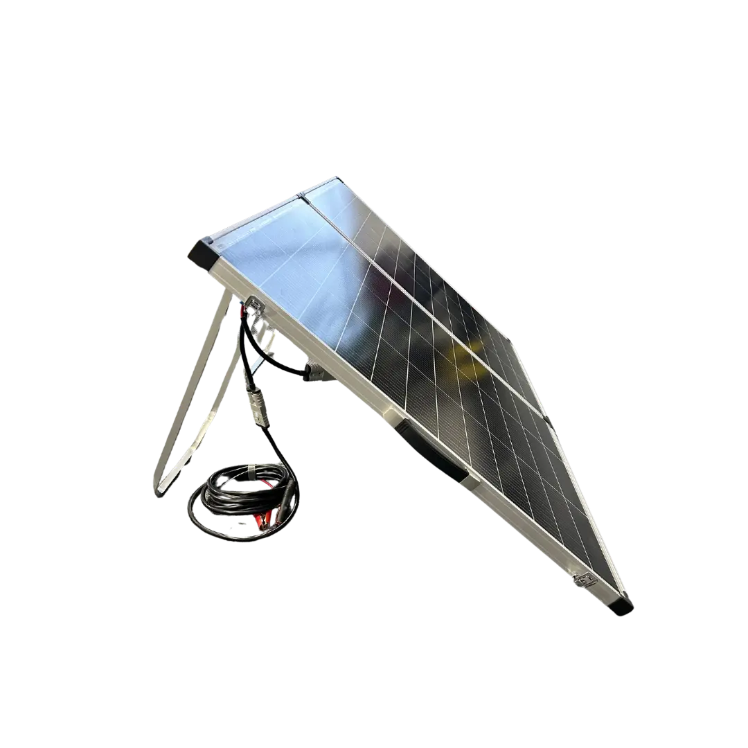 Side view of Sasquatch 220W folding solar panel kit showcasing adjustable aluminum stand and cable connections