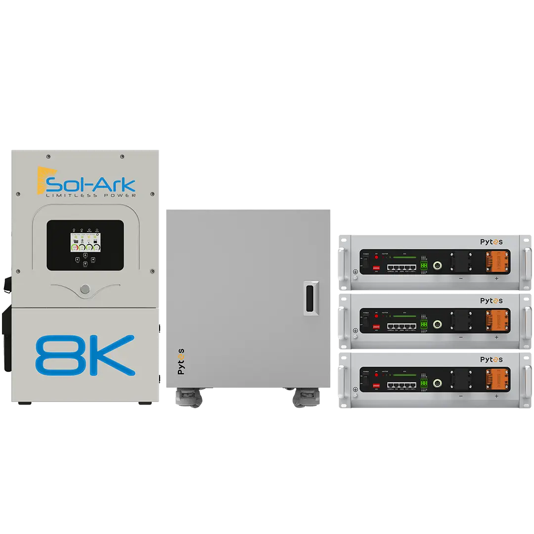 Sol-Ark 8K hybrid inverter system with three Pytes V5 5.12kWh LFP batteries and a Pytes V-Box-IC cabinet for efficient off-grid energy storage