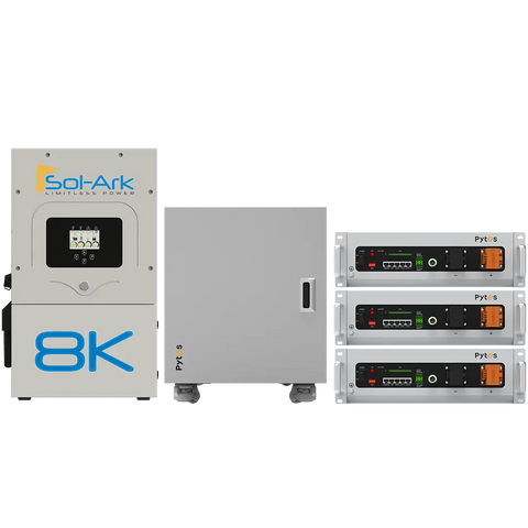 Sol-Ark 8K hybrid inverter system with three Pytes V5 5.12kWh LFP batteries and a Pytes V-Box-IC cabinet for efficient off-grid energy storage