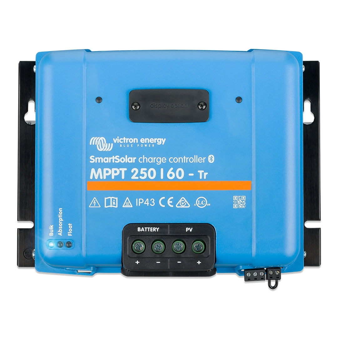 Victron Energy SmartSolar MPPT 250/60-Tr charge controller, featuring Bluetooth connectivity, adaptive maximum power point tracking (MPPT), and an IP43-rated enclosure for efficient solar energy management