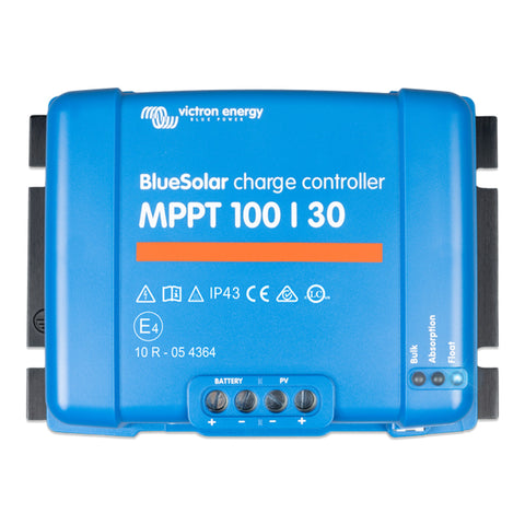 Front view of the Victron Energy BlueSolar MPPT 100/30 Charge Controller, showcasing the sleek design and control interface