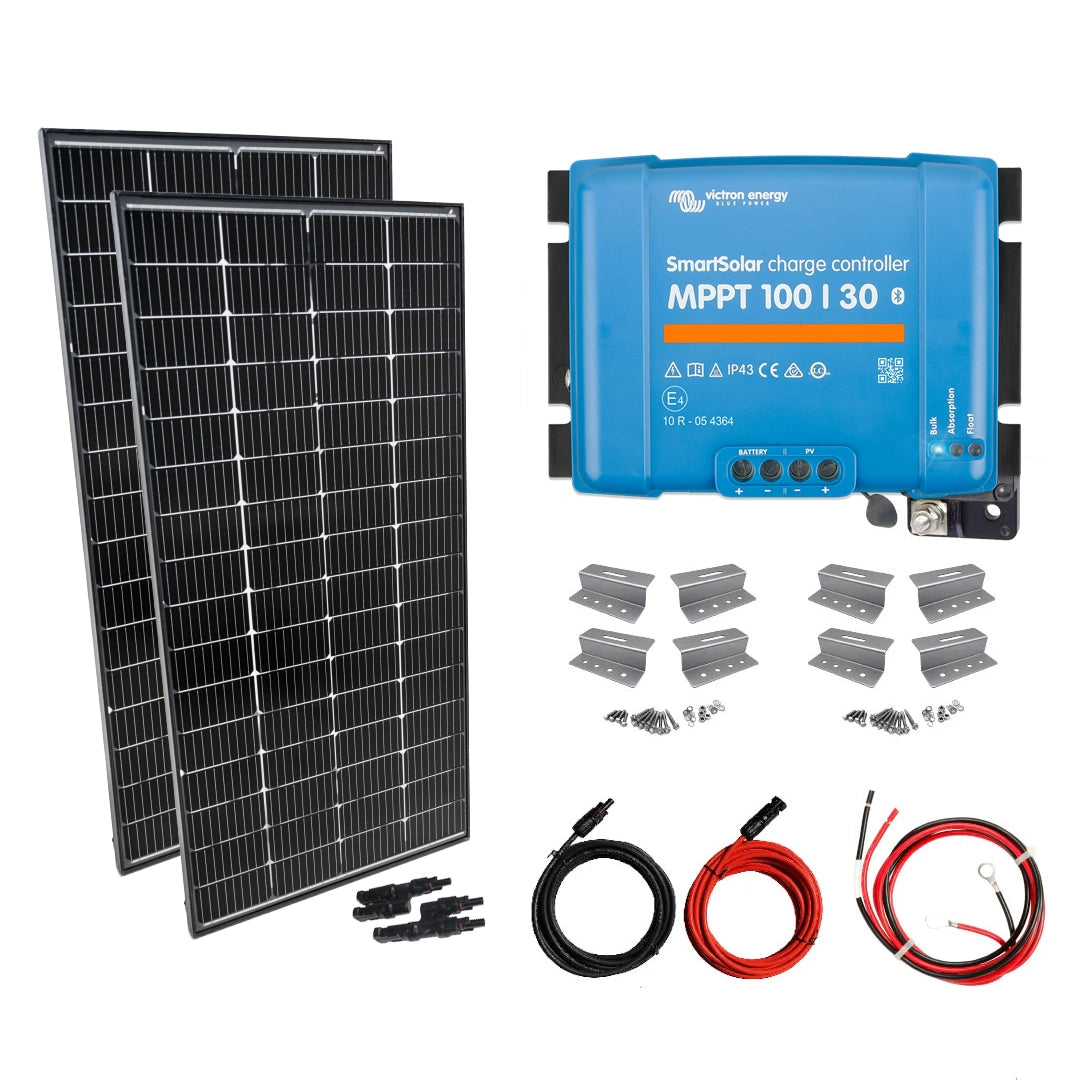 Victron 440W RV Solar Kit with 2 Lumera panels, MPPT charge controller, mounting brackets, MC4 Y adapter, and extension cables – customizable off-grid solar setup