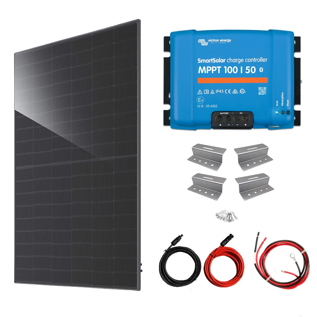 Victron 445W RV Solar Kit with MPPT 100/50 charge controller, Z-brackets, MC4 solar cables, and battery connection cables for off-grid RV power