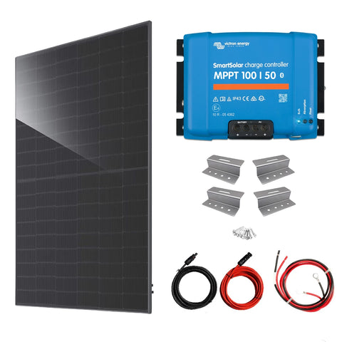 Victron 445W RV Solar Kit with MPPT 100/50 charge controller, Z-brackets, MC4 solar cables, and battery connection cables for off-grid RV power