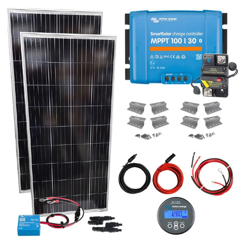 Victron 440W RV and Marine Solar Kit with Lumera bifacial panels, MPPT 100/30 charge controller, BMV-712 battery monitor, Smart Battery Sense, cables, breakers, and mounting hardware
