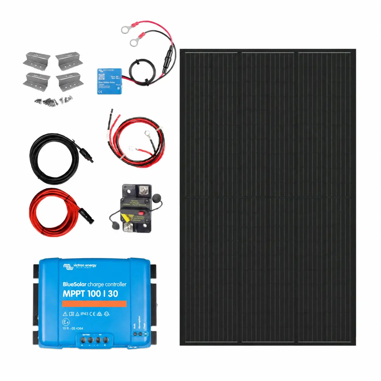 Canadian Solar RV solar kit with Victron BlueSolar MPPT 100/30 charge controller, solar panel, cables, circuit breaker, battery sensor and mounting brackets