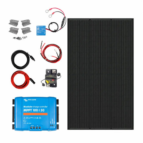 Canadian Solar RV solar kit with Victron BlueSolar MPPT 100/30 charge controller, solar panel, cables, circuit breaker, battery sensor and mounting brackets