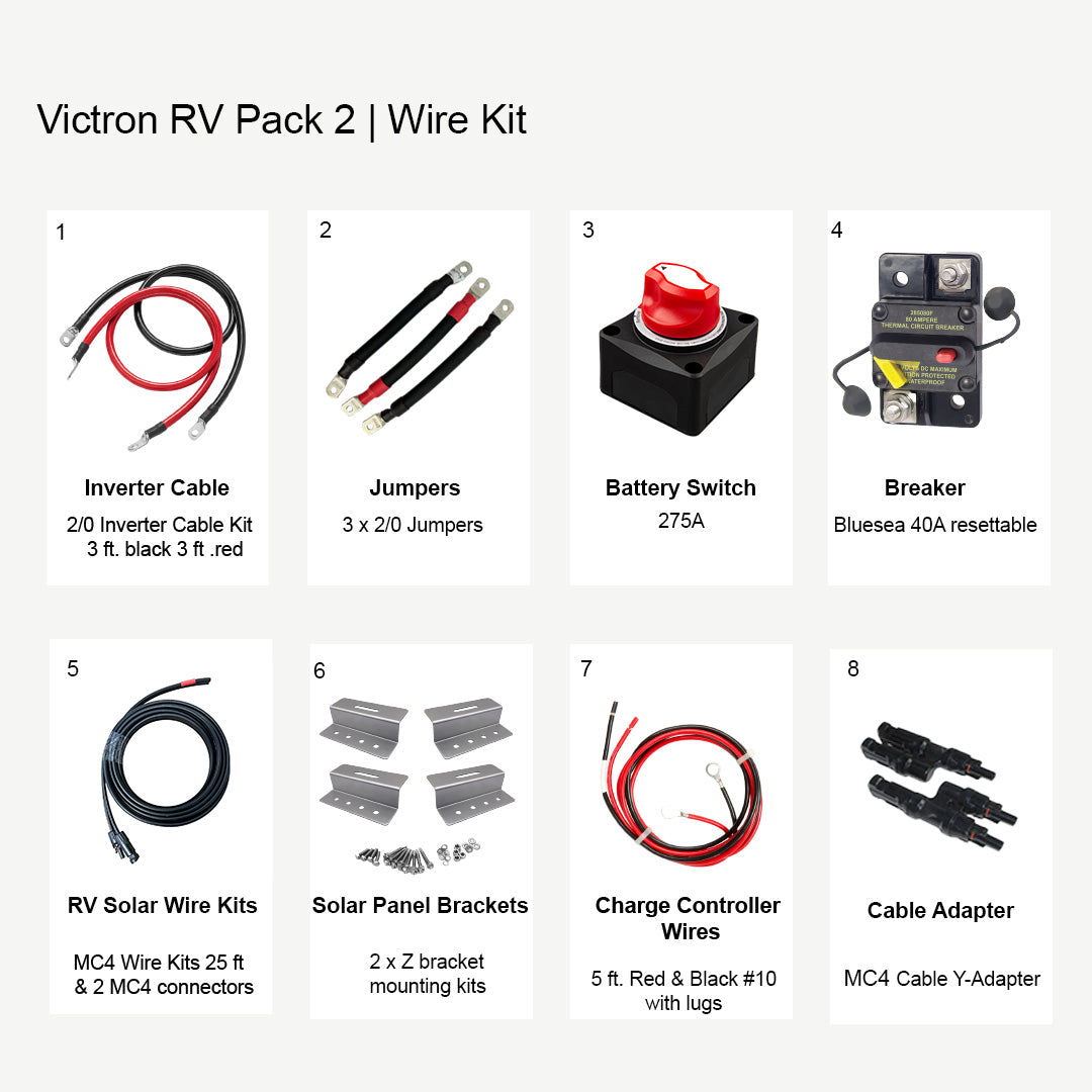 Victron RV Solar Wire Kit 2 with inverter cables, battery jumpers, Bluesea battery switch, resettable breaker, MC4 solar wires, Z brackets, charge controller wires, and MC4 Y-adapter