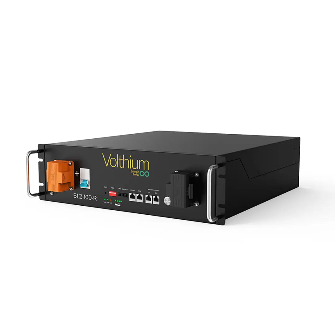 Angled view of Volthium 51.2V 100Ah Rackmount 3U LiFePO₄ battery with CAN and RS485 ports, UL9540 certified, black metal case.