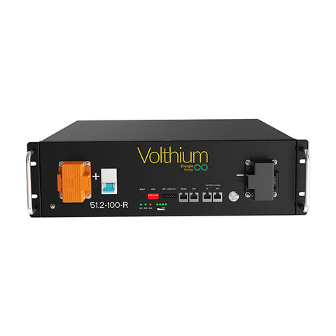 Front view of Volthium 51.2V 100Ah LiFePO₄ Rackmount 3U battery, UL9540 certified, 10-year warranty, black metal case with CAN and RS485 ports