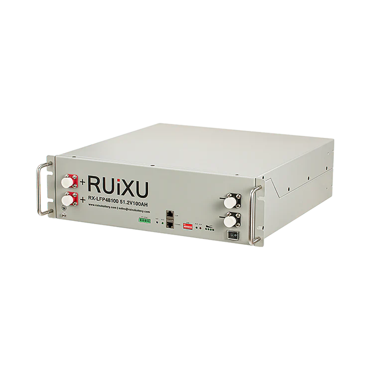 Front panel of the RUiXU RX-LFP48100-H 48V 100Ah LiFePO4 battery showing LED indicators and rack-mount design