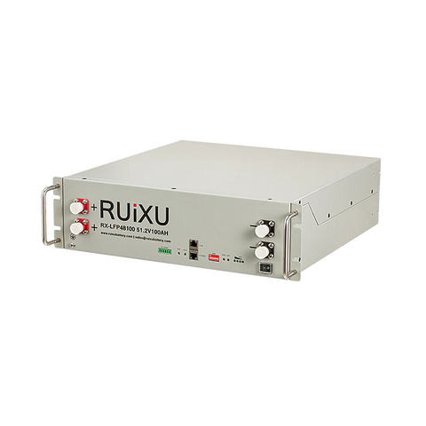 Front panel of the RUiXU RX-LFP48100-H 48V 100Ah LiFePO4 battery showing LED indicators and rack-mount design