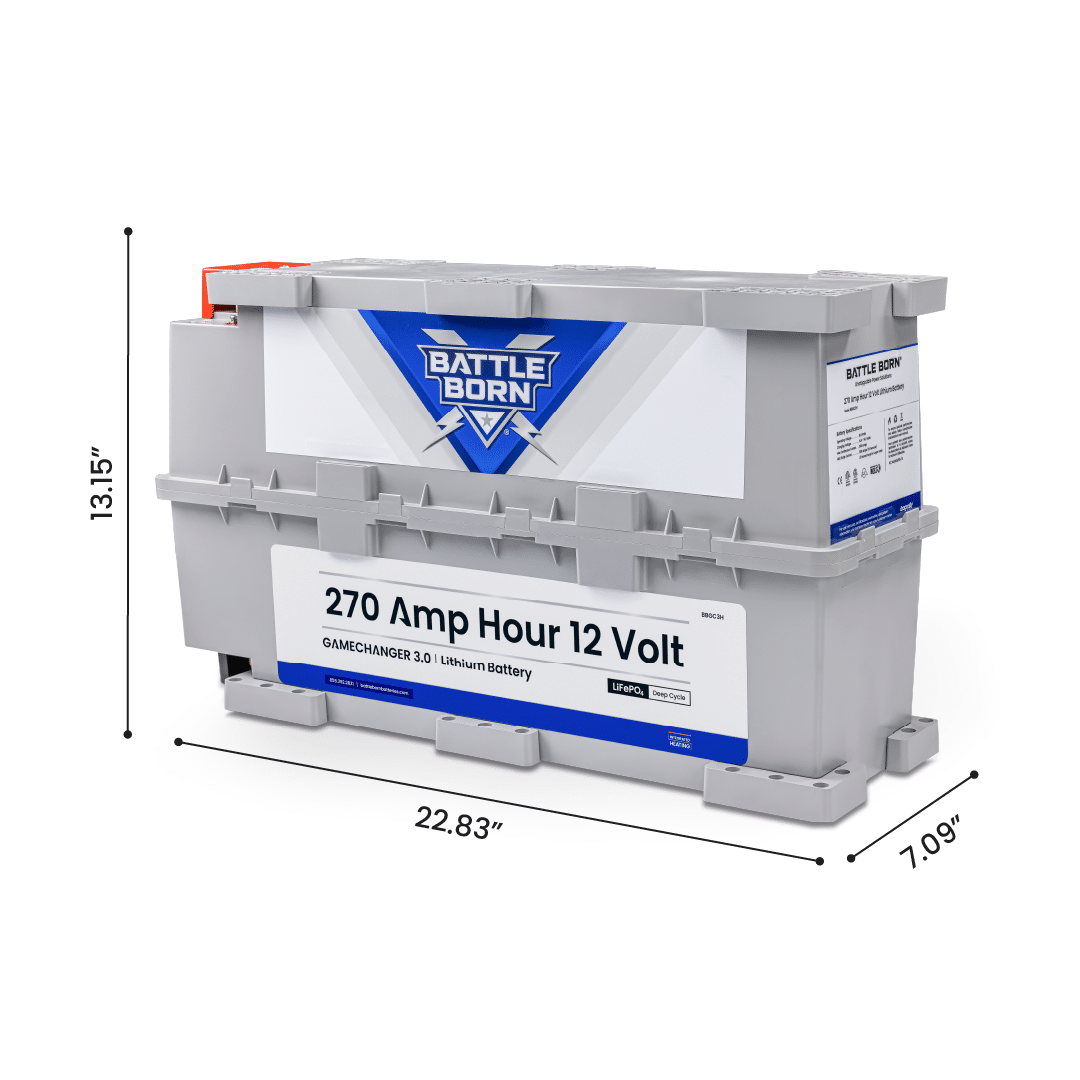 Battle Born BBGC3H 270Ah 12V Heated LiFePO4 Battery with dimensions 22.83 × 7.09 × 13.15 inches – compact deep cycle lithium battery for RV, marine, and off-grid systems
