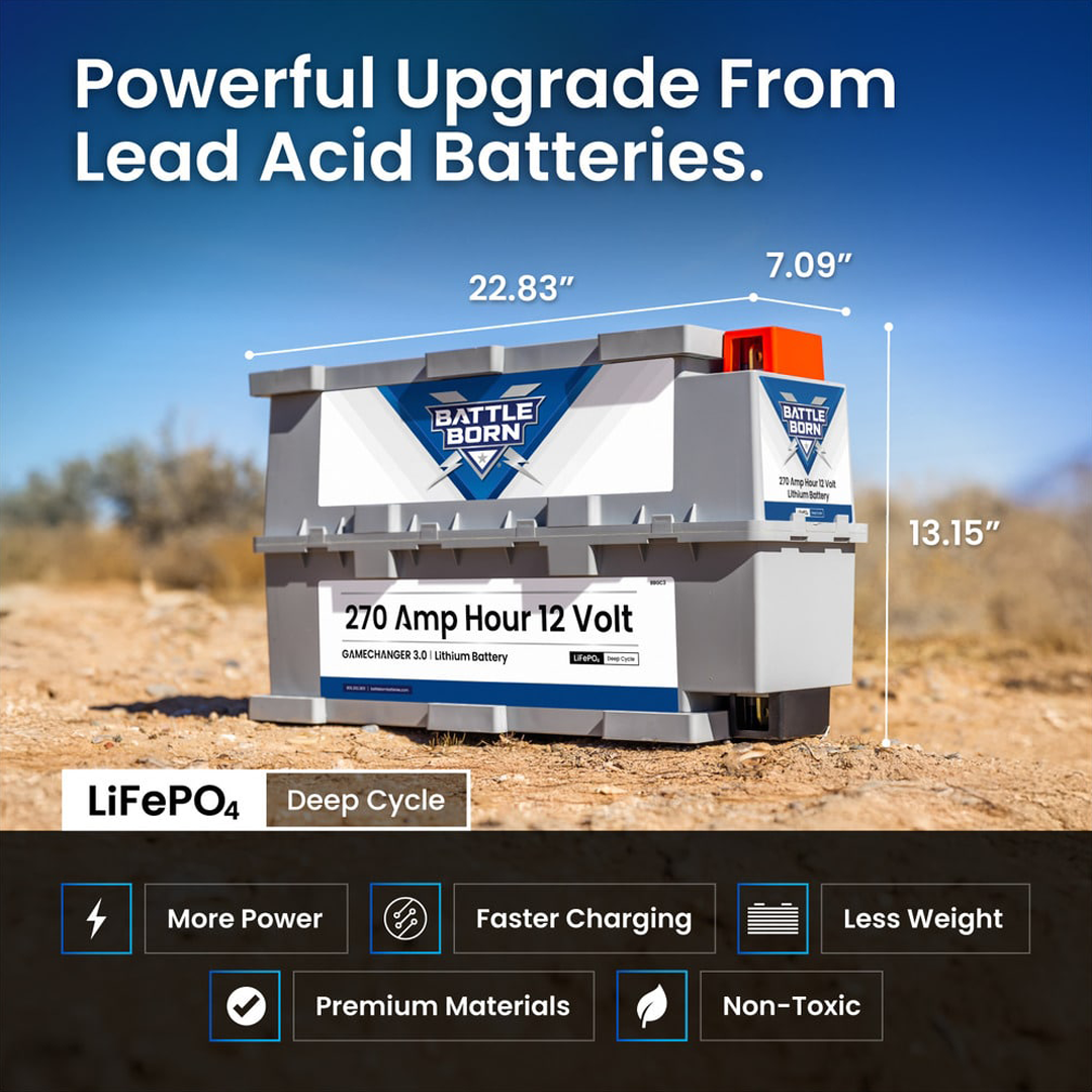 Battle Born BBGC3H 270Ah 12V Heated LiFePO4 Battery – powerful upgrade from lead-acid batteries with lighter weight, faster charging, and premium deep-cycle performance for off-grid, RV, and marine use
