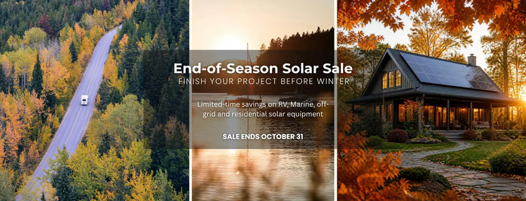 End-of-season solar equipment sale in Canada for RV, marine, off-grid and residential solar products