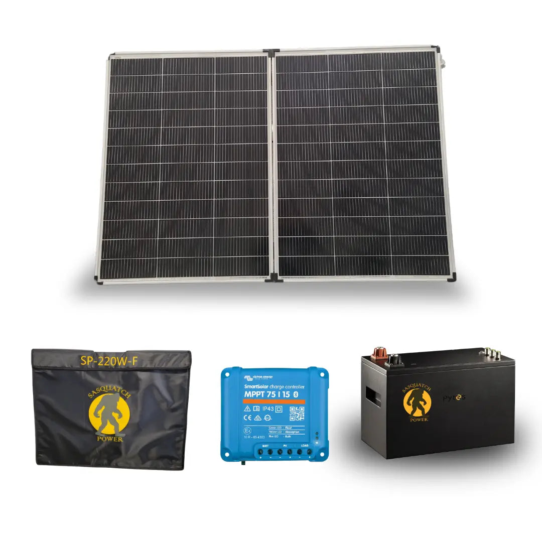 Sasquatch Power solar kit with folding solar panels, lithium battery, MPPT charge controller, and protective case.
