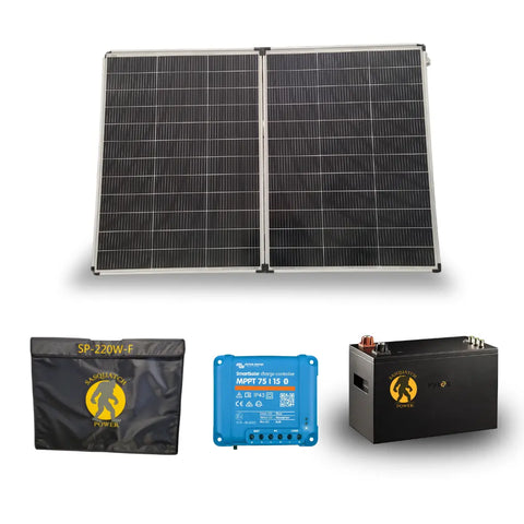 Sasquatch Power solar kit with folding solar panels, lithium battery, MPPT charge controller, and protective case.