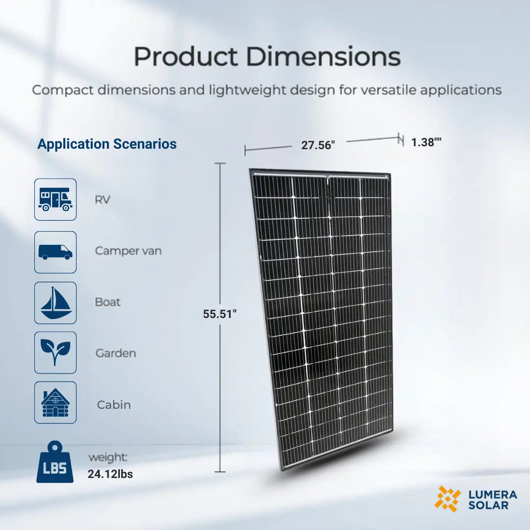 Lumera 220W bifacial solar panel with dimensions 55.51 x 27.56 x 1.38 inches, ideal for RVs, camper vans, boats