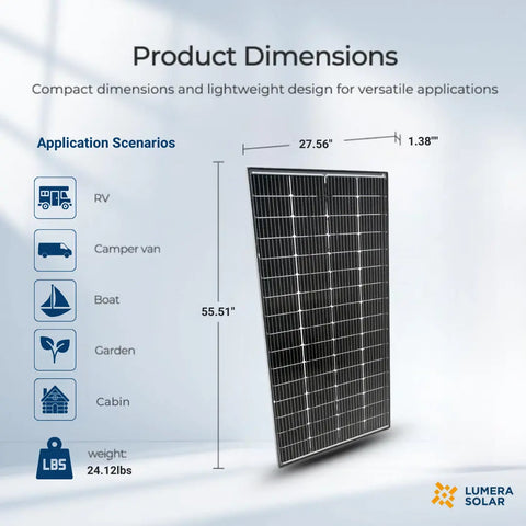 Lumera 220W bifacial solar panel with dimensions 55.51 x 27.56 x 1.38 inches, ideal for RVs, camper vans, boats