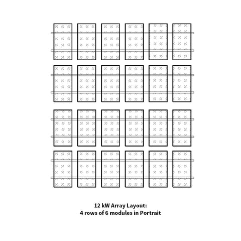 Diagram of a 12 kW solar array layout with 4 rows of 6 modules in portrait orientation.