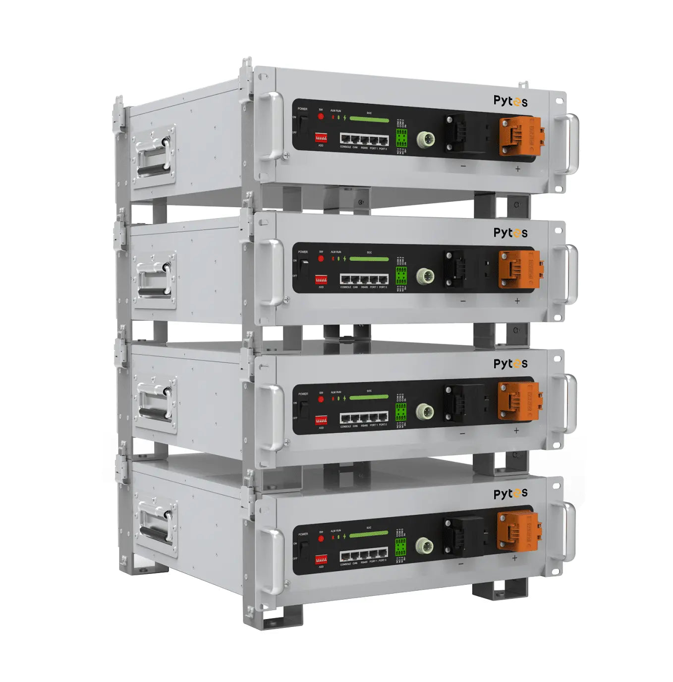 Four Pytes V5 LFP batteries with brackets, providing a modular solar energy storage solution without a cabinet