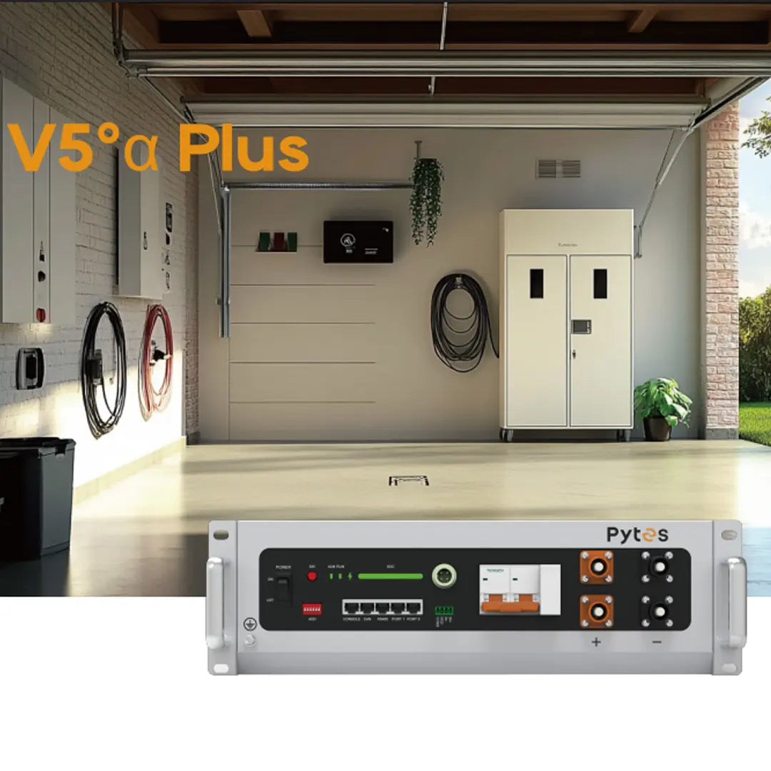 Pytes V5°α Plus 5.12kWh 51.2V LiFePO₄ solar battery installed in a residential garage energy storage system