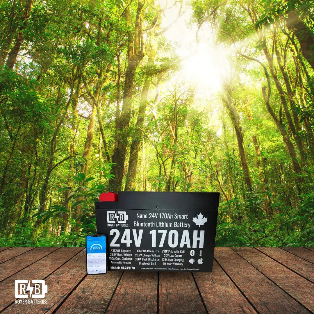 Royer NA24V170 24V 170Ah Smart Bluetooth LiFePO4 Battery with mobile app display, photographed in a sunlit forest to highlight its off-grid and eco-friendly use
