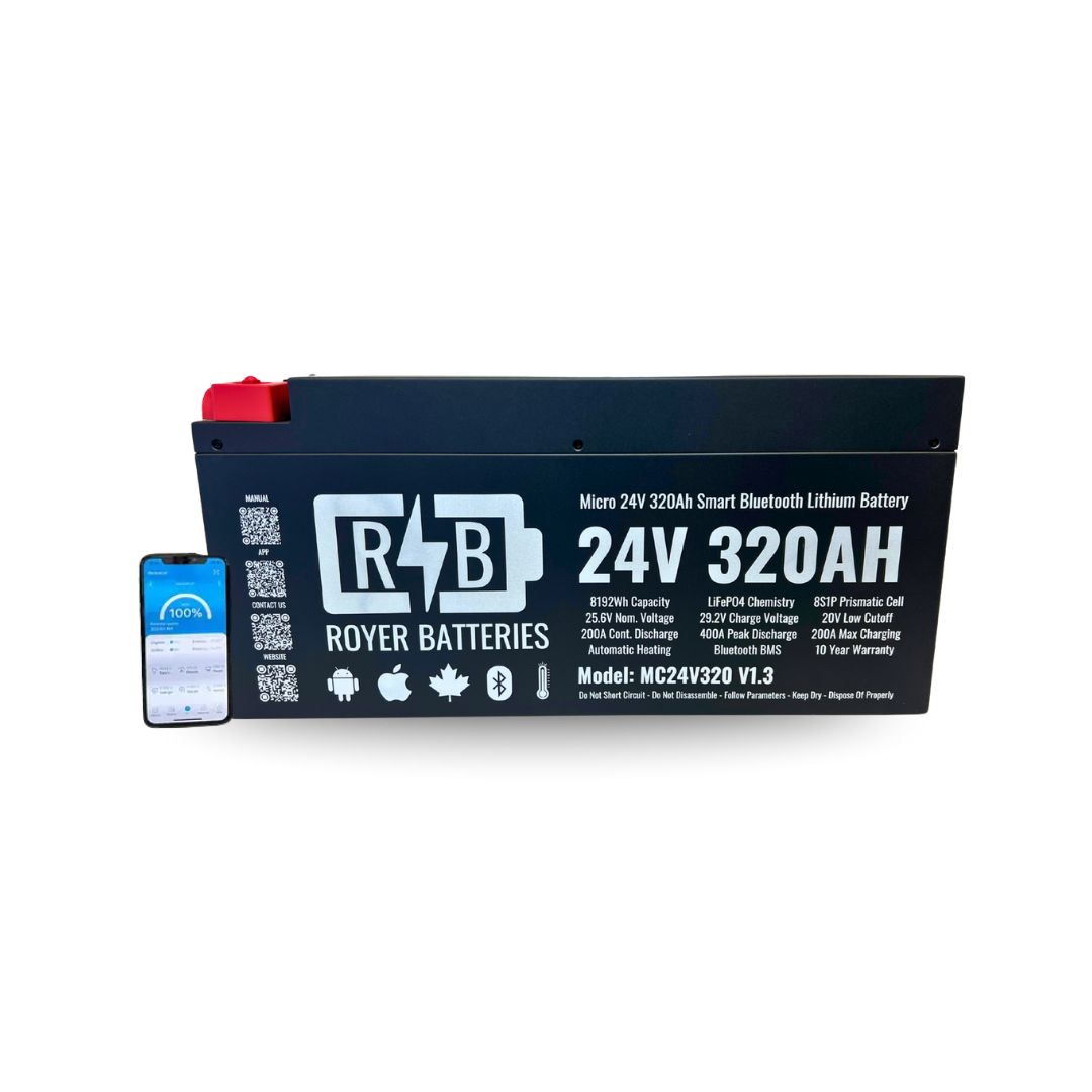 Front view of Royer 24V 320Ah Smart Lithium Battery with red and black terminals, Bluetooth monitoring label, and compact black case