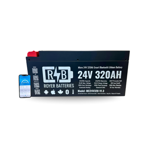 Front view of Royer 24V 320Ah Smart Lithium Battery with red and black terminals, Bluetooth monitoring label, and compact black case