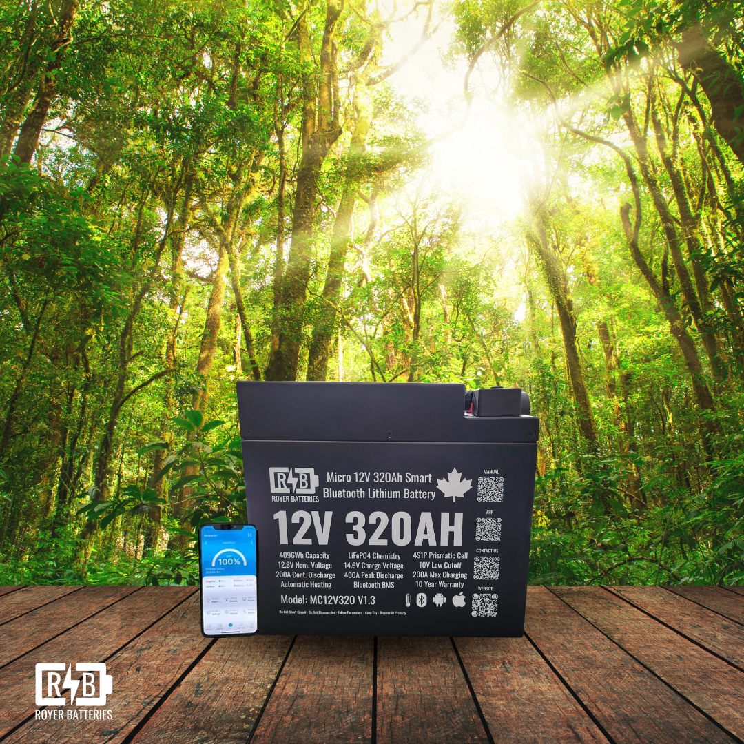 Royer MC12V320 24V 320Ah Smart Bluetooth LiFePO4 Battery with mobile app, displayed in a forest setting to emphasize off-grid, eco-conscious energy storage