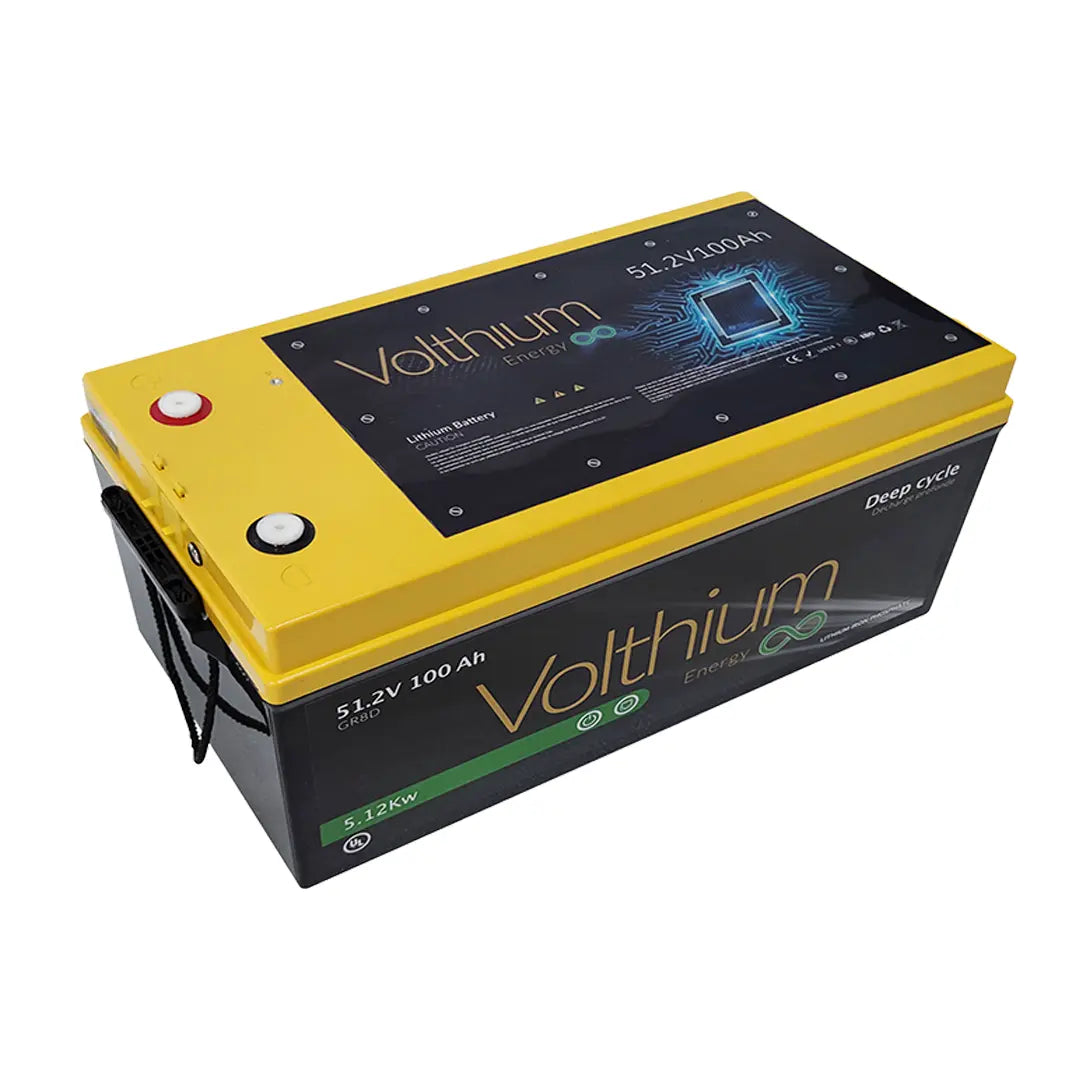 Angled front view of the Volthium 51.2V 100Ah LiFePO4 Battery showing yellow top cover, M8 terminals, and black deep-cycle 8D case