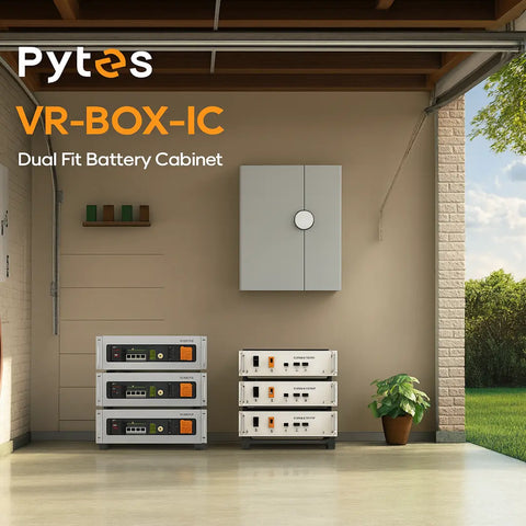 Pytes VR-BOX-IC wall-mounted battery cabinet with V5 and E-BOX modules.
